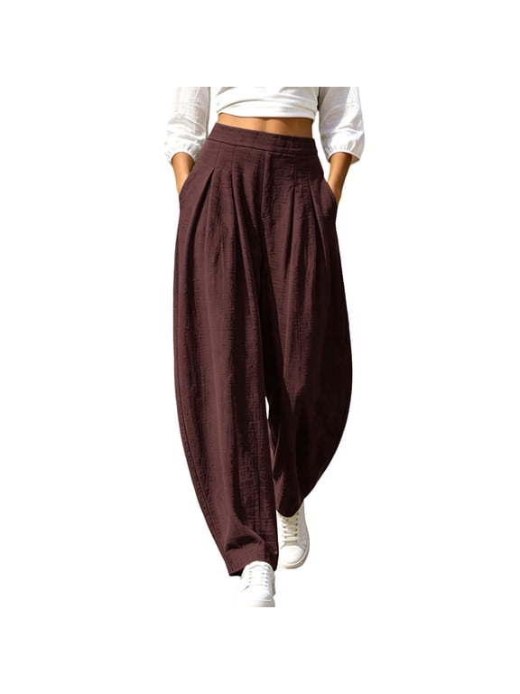 Women's Linen Balloon Pants High Waist Wide Leg Pants Baggy Harem,Cropped Ankle Length,Boho Palazzo Style,Cotton Fabric,Casual Summer Beach Trousers for Daily Lounge