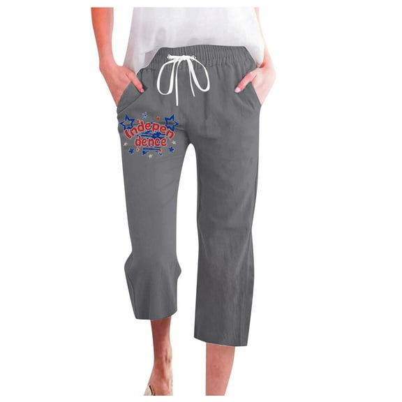 Women's Linen Beach Pants Casual Drawstring, Flag Print, Crop Trousers, Patriotic Capris with Pockets, Comfortable for Summer