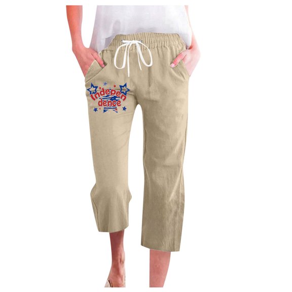 Women's Linen Beach Pants Casual Drawstring, Flag Print, Crop Trousers, Patriotic Capris with Pockets, Comfortable for Summer