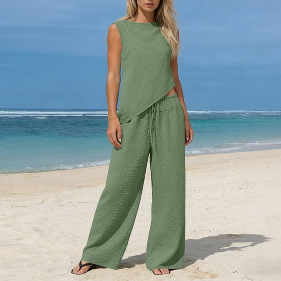 Women's Linen Beach Set Sleeveless Tank Tops with Drawstring Waist Wide Leg Pants, Textured Summer Flowy Vacations Outfits for Beach Wedding Green M