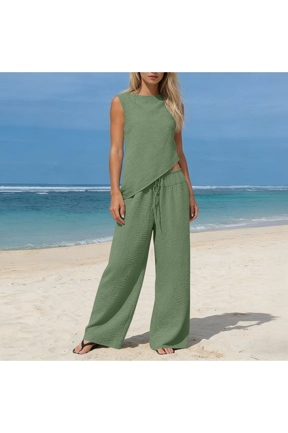 Women's Linen Beach Set Sleeveless Tank Tops with Drawstring Waist Wide Leg Pants, Textured Summer Flowy Vacations Outfits for Beach Wedding Green S