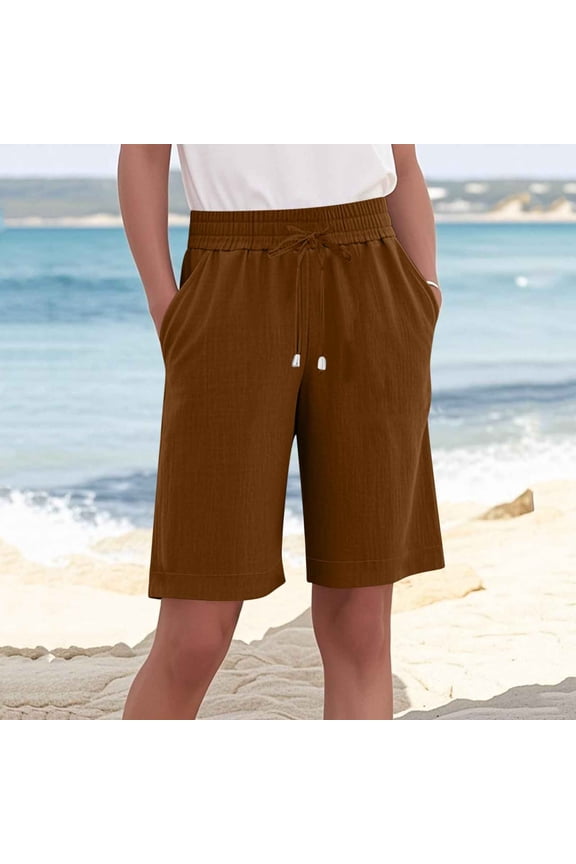 Women's Linen Bermuda Shorts Drawstring Elastic Waist Summer Loose Fitting Casual Knee Length Short Pants Coffee M