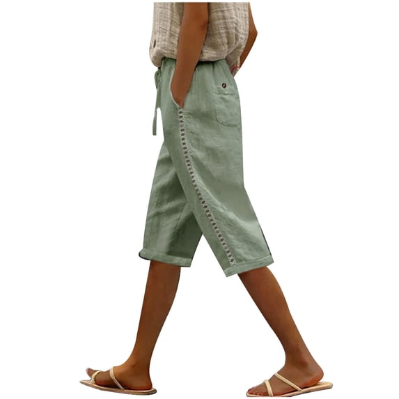 Women's Linen Bermuda Shorts Knee Length Drawstring Cropped Plus Size Silde Lace Eyelet Capri for Beachwear
