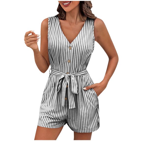 Women's Linen Bermuda Shorts Summer Sleeveless V-Neck Stripe Fashion Buttons Pockets Short Jumpsuit for Women Dark Gray M
