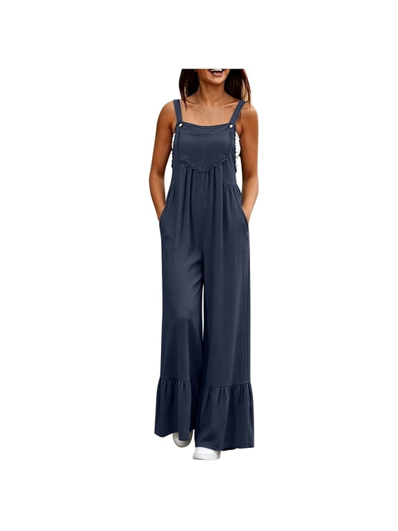 Women's Linen Bib Overalls Ruffle Hem Baggy Wide Leg Jumpsuits Loose Lace Trim Loose Pleated Romper Jumpers Navy, XL