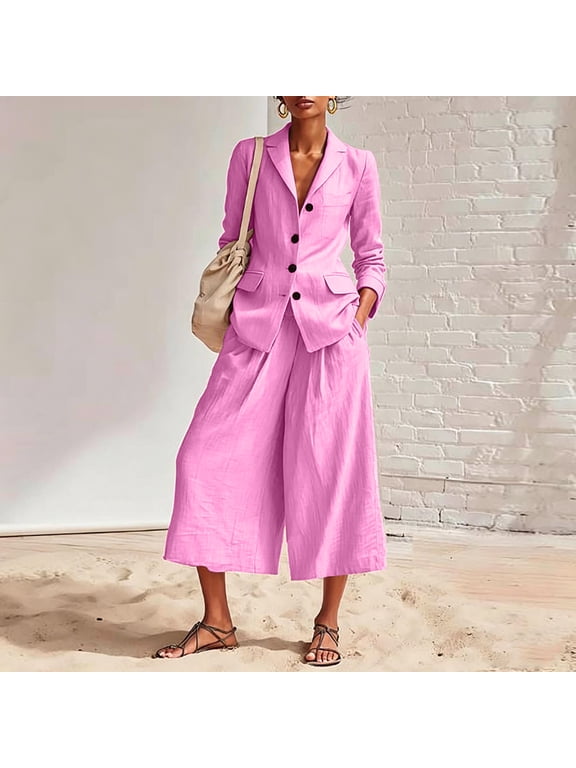 Women's Linen Blazer Suit Button Blazer Jacket and High Waist Capris Wide Leg Culotte Pants, Elegant Casual Office Summer 2 Piece Outfit S