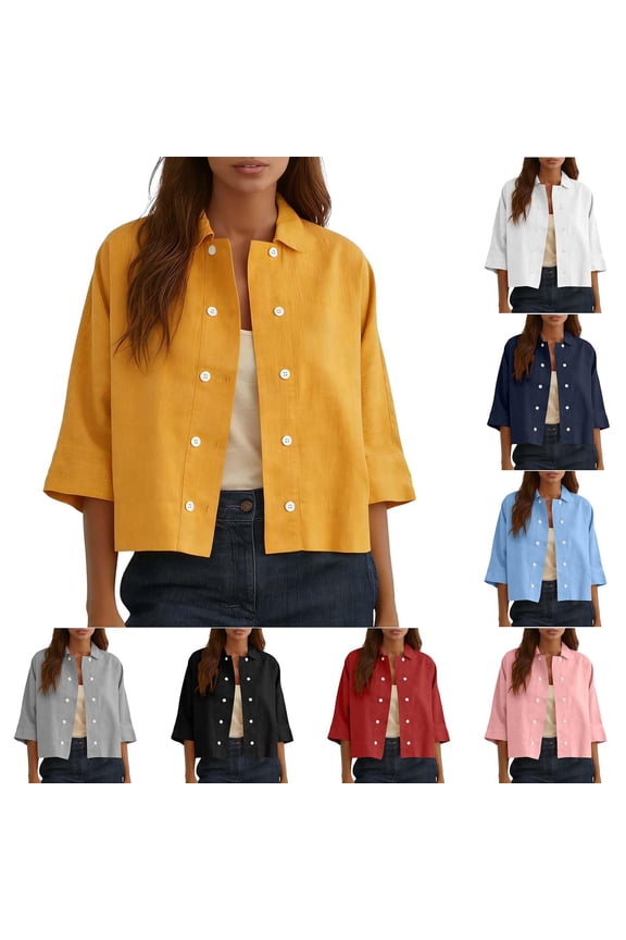 Women's Linen Blend 3/4 Sleeve Collared Double Button Loose Cropped Tops Summer Casual Beach Cardigan Blouses, #01 Yellow, XXL