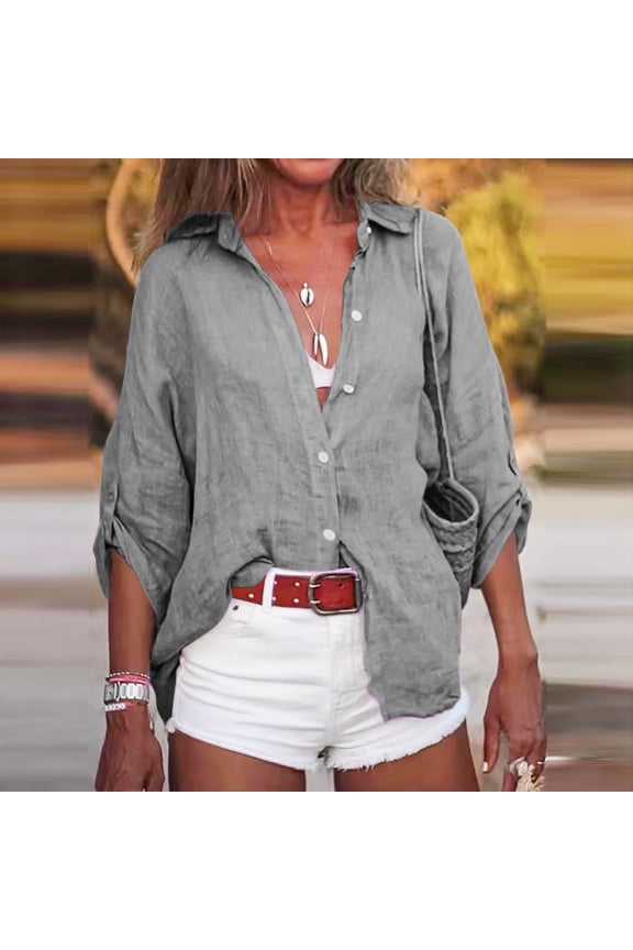 Women's Linen Blend Blouse, Solid Color Lapel Three Quarter Sleeve Shirt, Casual Loose Fit Button Down Top for Spring, Summer, Work, Travel and Daily Wear-Gray