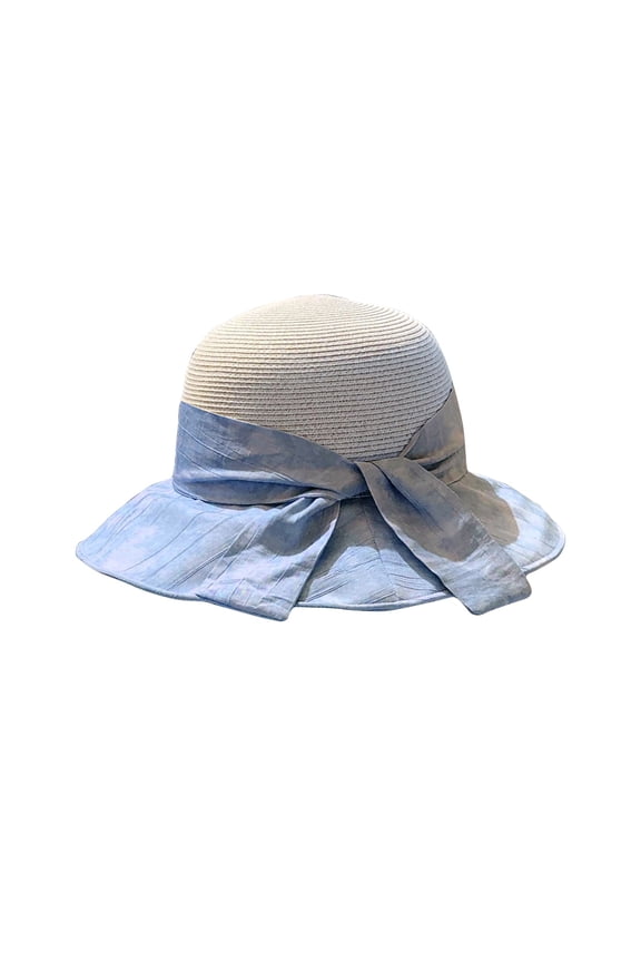 Women's Linen Blend Boater Hat with Large Bow, Elegant Wide Brim Sun Hat for Beach, Vacation, Outdoor Wedding, and Summer Sun Protection Blue