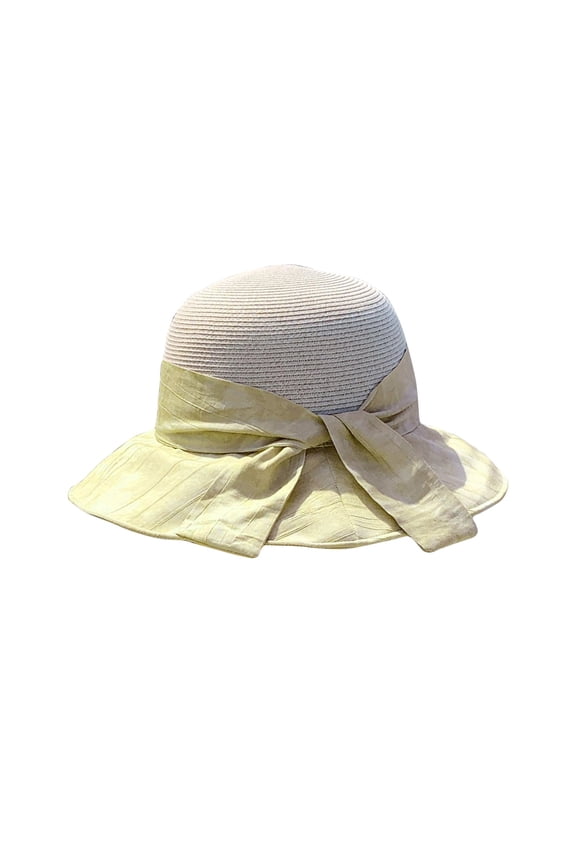 Women's Linen Blend Boater Hat with Large Bow, Elegant Wide Brim Sun Hat for Beach, Vacation, Outdoor Wedding, and Summer Sun Protection Green