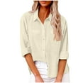 thumbnail image 1 of Women's Linen Blend Button Down Shirt - Long Sleeve Lapel Top with Rolled Cuffs, Summer Casual T-Shirt, Decorative Pocket Minimalist Workwear, 1 of 6