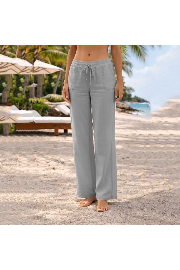 Women's Linen Blend Casual Drawstring Trousers with Pockets, Loose Fit Solid Color Pants