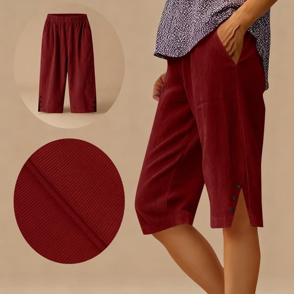 Women's Linen Blend Casual Straight Leg Pants with Pockets, High Waist, Elastic Waistband, and Side Slits for Summer