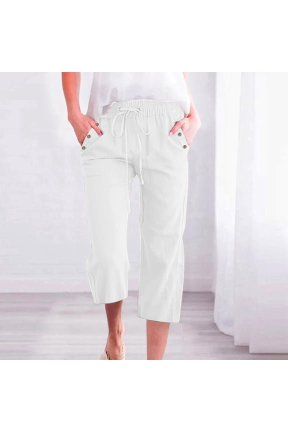 Women's Linen Blend Casual Trousers Solid Color Loose Fit Cropped Ankle Pants With Side Pockets Comfortable Everyday Wear