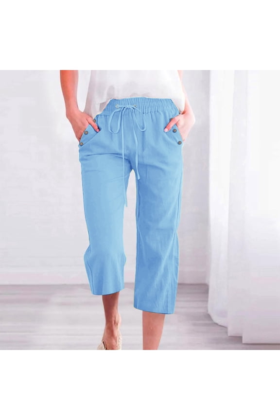 Women's Linen Blend Casual Trousers Solid Color Loose Fit Cropped Ankle Pants with Side Pockets Comfortable Everyday Wear