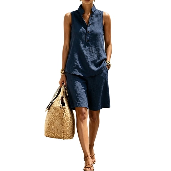 Women's Linen Blend Collared Sleeveless Half Button Tank Bermuda Shorts 2 Piece Outfit, Solid Loose Beach Casual Matching Set Navy L(L)