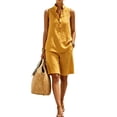 thumbnail image 1 of Women's Linen Blend Collared Sleeveless Half Button Tank Bermuda Shorts 2 Piece Outfit, Solid Loose Beach Casual Matching Set Yellow XXXL(XXXL), 1 of 7