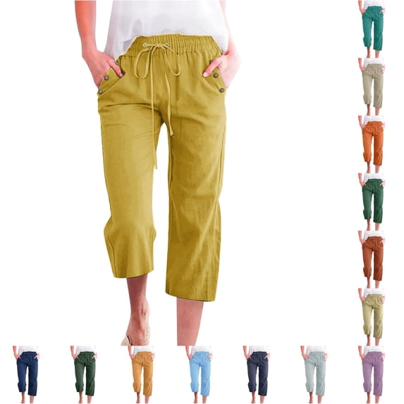 Women's Linen Blend Cropped Pants 7/8 Length Loose Fit Casual Trousers With Pockets For Spring Summer Comfort