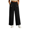 thumbnail image 1 of Women's Linen Blend Cropped Wide Leg Pants Elastic High Waist Casual Pants with Pockets Textured Loose Work office Slacks Black, 1 of 6