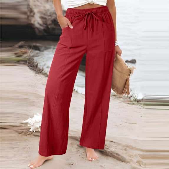 Women's Linen Blend Drawstring Elastic Waist Loose Straight Leg Pants With Side Pockets, Casual Cotton Blend Wide Leg Trousers for Beach, Travel, Work, Comfortable | TruBelle,Red 2XL