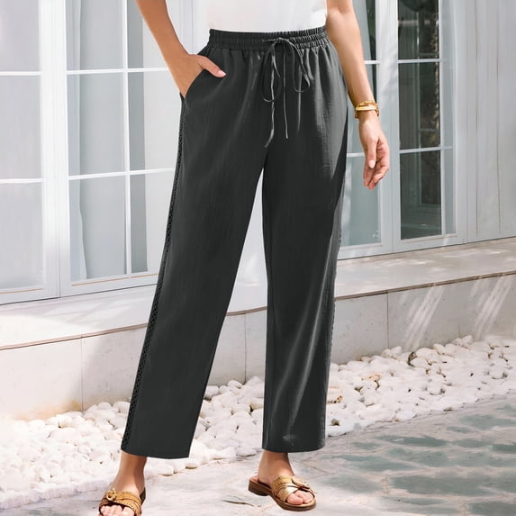 Women's Linen-Blend Elastic Waist Wide-Leg Casual Pants for Everyday Wear and Vacation