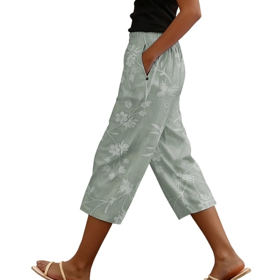 Women's Linen-Blend Floral Embroidery Cropped Straight-Leg Pants Elastic Waist Side-Pocket Casual Capris for Spring & Summer