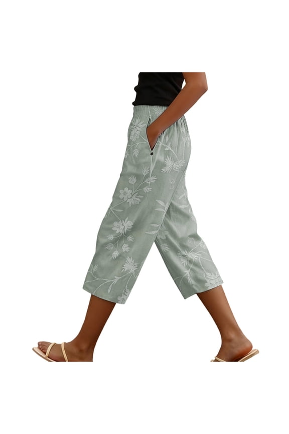 Women's Linen-Blend Floral Embroidery Cropped Straight-Leg Pants Elastic Waist Side-Pocket Casual Capris for Spring & Summer