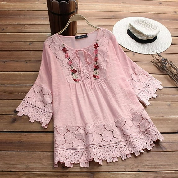 Women's Linen Blend Lace Trim V-Neck Short Sleeve Blouse - Elegant European & American Style Loose Fit Pullover Top with Bohemian Chic Crochet Detailing
