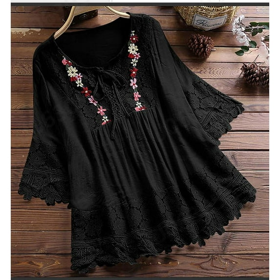 Women's Linen Blend Lace Trim V-Neck Short Sleeve Blouse - Elegant European & American Style Loose Fit Pullover Top with Bohemian Chic Crochet Detailing