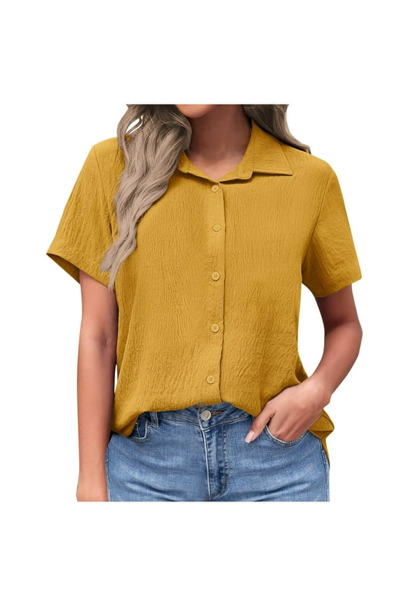 Women's Linen Blend Lapel Shirt - Short Sleeve Casual Top with Button Pocket, Solid Color Lightweight Blouse for Smart Casual & Resort Wear 2025