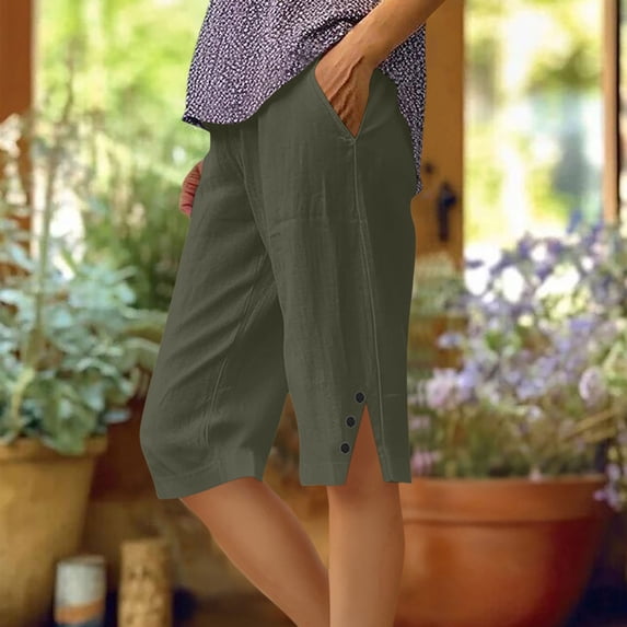 Women's Linen-Blend Loose Straight Leg Pants with Side Slits and Pockets