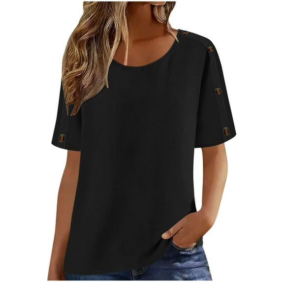 Women's Linen-Blend Loose Tunic Tops Round Neck Short Sleeve T-Shirts with Sleeve Button Detail Perfect for Home Daily Outgoing