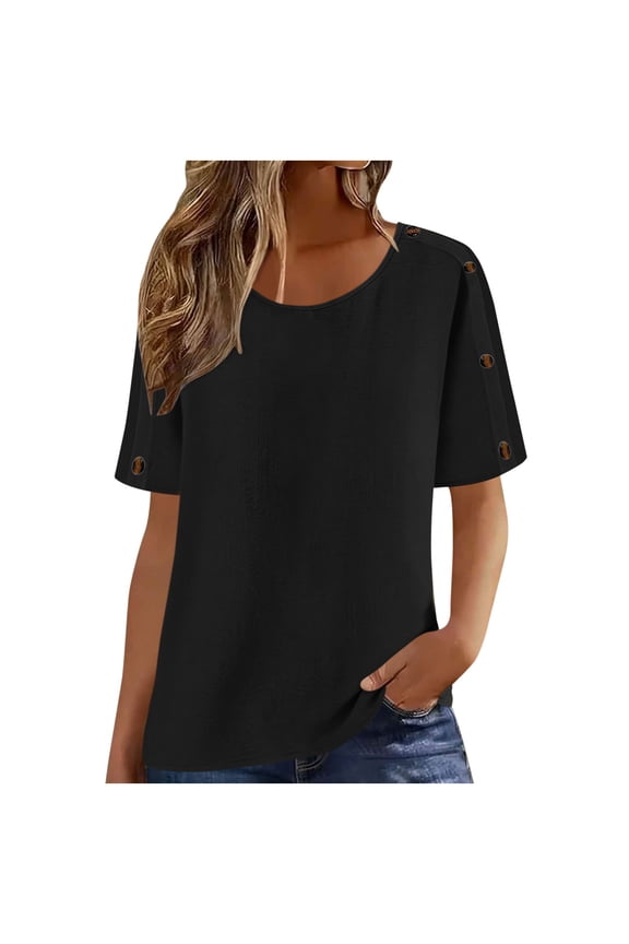 Women's Linen-Blend Loose Tunic Tops Round Neck Short Sleeve T-Shirts with Sleeve Button Detail Perfect for Home Daily Outgoing