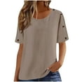 thumbnail image 1 of Women's Linen-Blend Loose Tunic Tops Round Neck Short Sleeve T-Shirts with Sleeve Button Detail Perfect for Home Daily Outgoing, 1 of 5