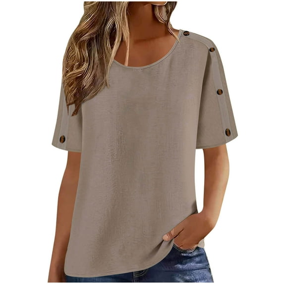 Women's Linen-Blend Loose Tunic Tops Round Neck Short Sleeve T-Shirts with Sleeve Button Detail Perfect for Home Daily Outgoing