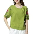 thumbnail image 1 of Women's Linen Blend Ruched Blouse - Half Sleeve Rose Graphic Top with Round Neck, Trendy Cottagecore Tee for Casual & Resort Wear 2025, 1 of 3