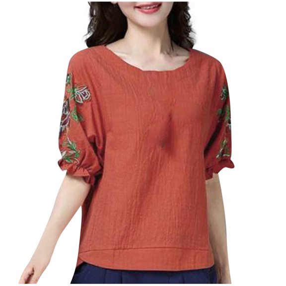 Women's Linen Blend Ruched Blouse - Half Sleeve Rose Graphic Top with Round Neck, Trendy Cottagecore Tee for Casual & Resort Wear 2025