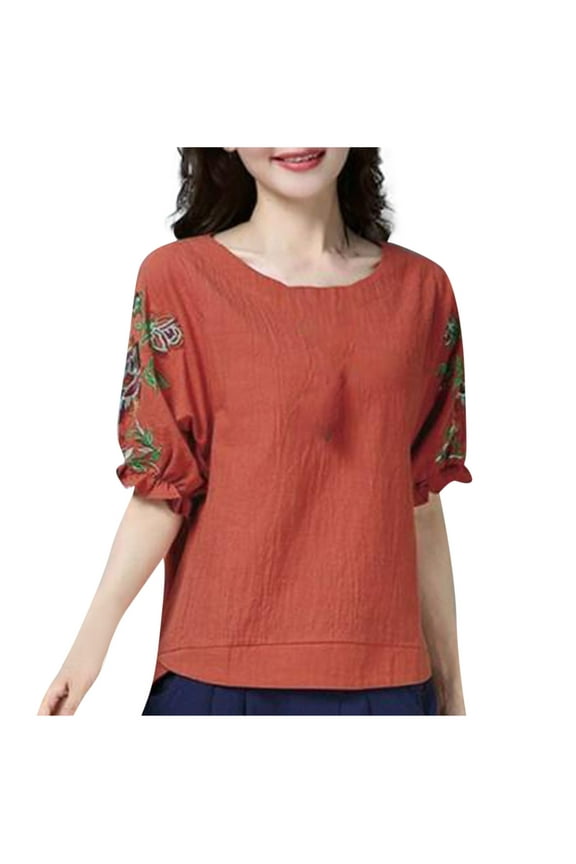 Women's Linen Blend Ruched Blouse - Half Sleeve Rose Graphic Top with Round Neck, Trendy Cottagecore Tee for Casual & Resort Wear 2025
