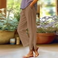 thumbnail image 1 of Women's Linen Blend Side Slit Pants, Straight Leg Cropped Trousers with Back Pocket, Casual Ankle Length Boho Pants for Beach, Vacation, Yoga and Summer Outfits Khaki XXL, 1 of 7