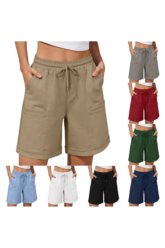 Women's Linen Blend Side Split Shorts, Drawstring Elastic Waist Flattering Fit Trim, Functional Side Pockets Lightweight Breathable Mesh, Summer Beachwear Daily Casual Vacation Outing, | Velmuse