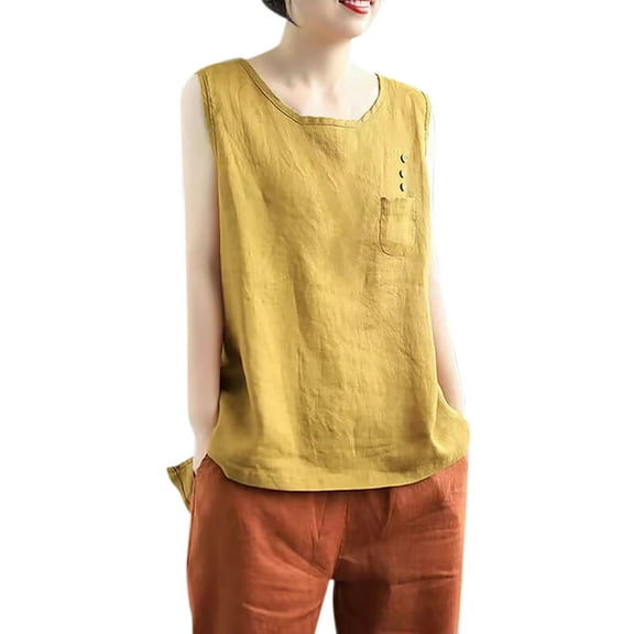 Women's Linen Blend Sleeveless Top Solid Color, Slim Fit, Round Neck, Versatile for Summer, Multiple Sizes