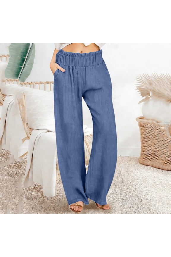 Women's Linen Blend Solid Color Loose Fit Wide Leg Casual Long Pants