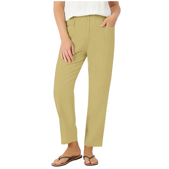 Women's Linen Blend Straight Leg Pants Elastic High Waist with Pockets Breathable Casual Ankle Trousers for Spring Summer Khaki XL(XL)