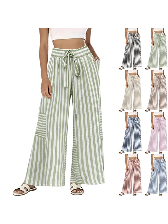 Women's Linen Blend Striped Wide Leg Pants Elastic Waist Drawstring with Pockets Casual Summer Palazzo Pants 2026,2XL