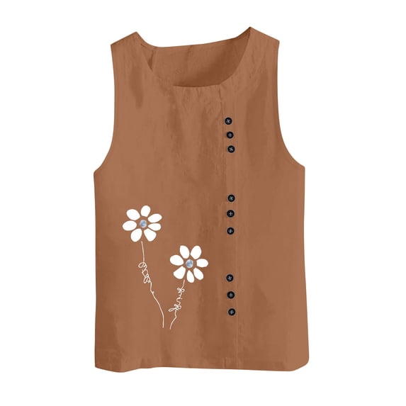 Women's Linen Blend Tank Tops Summer Casual Sleeveless Round Neck Floral Print T Shirt Brown,XL
