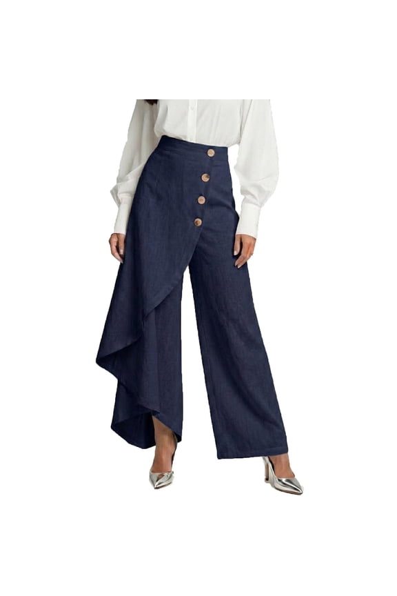 Women's Linen Blend Trouser Wide Leg Pants with High Waiste Asymmetric Wrap Button Decor Pant Lightweight & Breathable Summer Casual Trousers for Work Vacation Wear Dark Blue 3XL