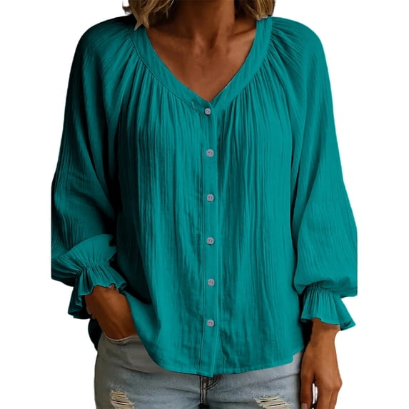 Women's Linen Blend V Neck Blouse Pleated Button Down Top with Bubble Long Sleeves Ruffled Cuffs Blue XXXL(XXXL)