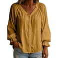 thumbnail image 1 of Women's Linen Blend V Neck Blouse Pleated Button Down Top with Bubble Long Sleeves Ruffled Cuffs Brown L(L), 1 of 7