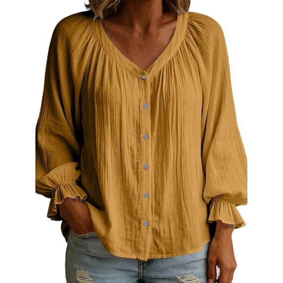 Women's Linen Blend V Neck Blouse Pleated Button Down Top with Bubble Long Sleeves Ruffled Cuffs Brown L(L)