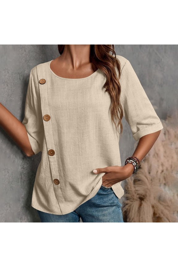 Women's Linen Blend V-Neck Shirt, Short Sleeve Loose Fit Top - Breathable Cotton Casual Summer Blouse